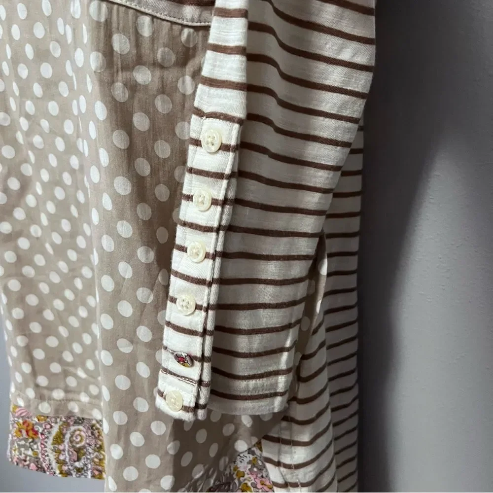 Anthropologie Beige and White Polka Dot Mixed-Pattern Blouse